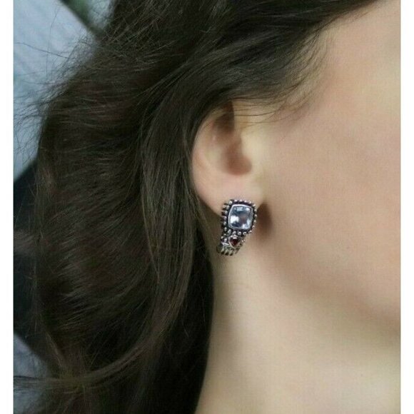 Sterling Silver Blue Glass with Red CZ J Hoop Earrings - Picture 3 of 8